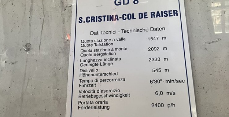 Dati tecnici Cabinovia S. Cristina - Col de Raiser