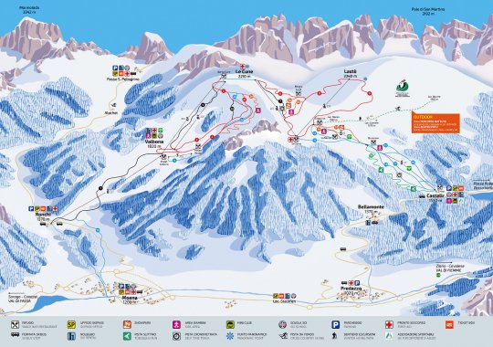 Cartina con le piste e gli impianti di risalita della skiarea Alpe Lusia - Bellamonte
