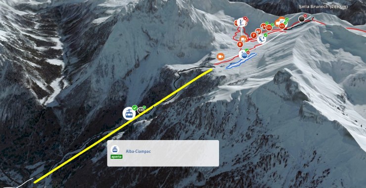 Linea su mappa 3D cabinovia Alba di Canazei - Ciampac